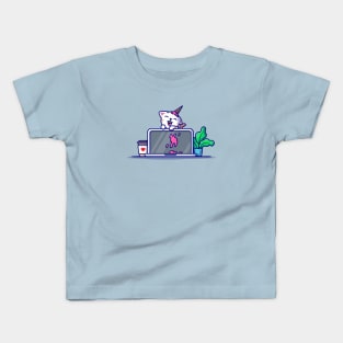 Cat With Laptop Cartoon Vector Icon Illustration Kids T-Shirt